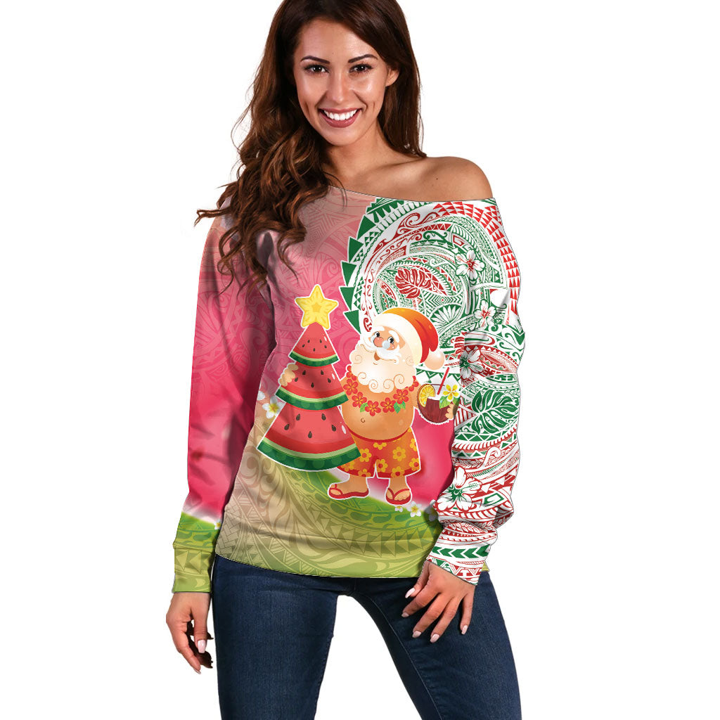 Hawaiian Watermelon Mele Kalikimaka Off Shoulder Sweater Tropical Tribal Pattern with Funny Santa Claus