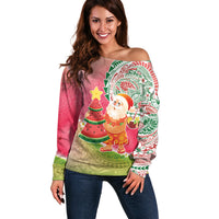 Hawaiian Watermelon Mele Kalikimaka Off Shoulder Sweater Tropical Tribal Pattern with Funny Santa Claus