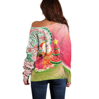 Hawaiian Watermelon Mele Kalikimaka Off Shoulder Sweater Tropical Tribal Pattern with Funny Santa Claus