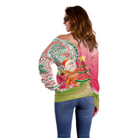Hawaiian Watermelon Mele Kalikimaka Off Shoulder Sweater Tropical Tribal Pattern with Funny Santa Claus