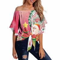 Hawaiian Watermelon Mele Kalikimaka Off Shoulder Wrap Waist Top Tropical Tribal Pattern with Funny Santa Claus