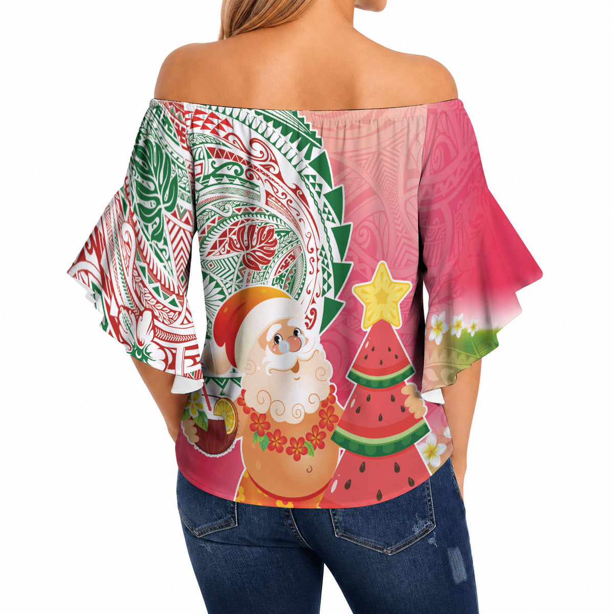Hawaiian Watermelon Mele Kalikimaka Off Shoulder Wrap Waist Top Tropical Tribal Pattern with Funny Santa Claus