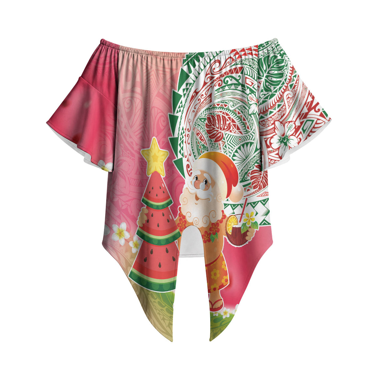 Hawaiian Watermelon Mele Kalikimaka Off Shoulder Wrap Waist Top Tropical Tribal Pattern with Funny Santa Claus