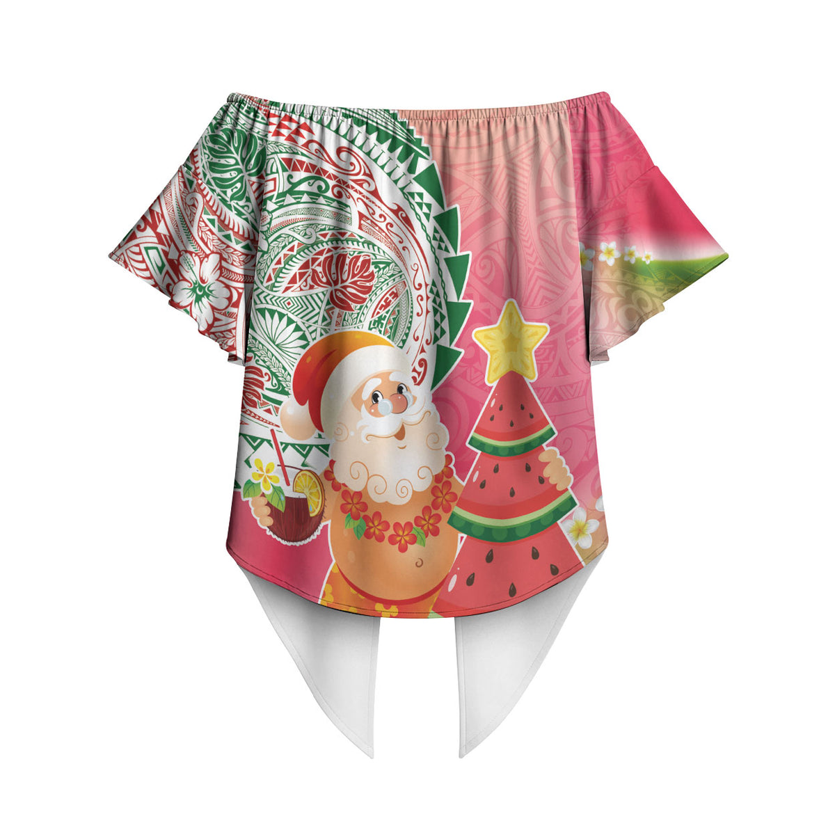 Hawaiian Watermelon Mele Kalikimaka Off Shoulder Wrap Waist Top Tropical Tribal Pattern with Funny Santa Claus