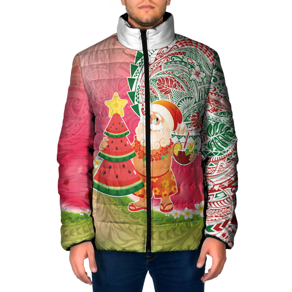 Hawaiian Watermelon Mele Kalikimaka Padded Jacket Tropical Tribal Pattern with Funny Santa Claus