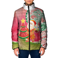 Hawaiian Watermelon Mele Kalikimaka Padded Jacket Tropical Tribal Pattern with Funny Santa Claus