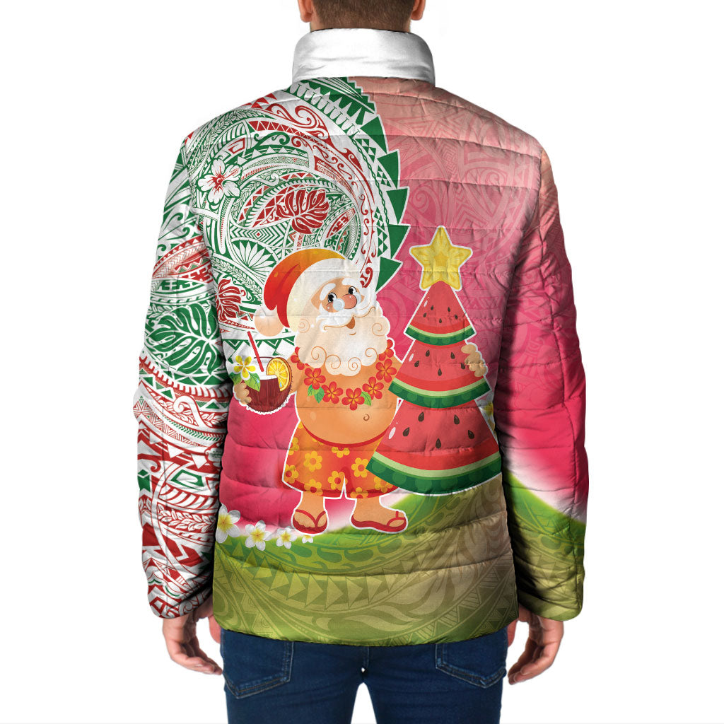 Hawaiian Watermelon Mele Kalikimaka Padded Jacket Tropical Tribal Pattern with Funny Santa Claus