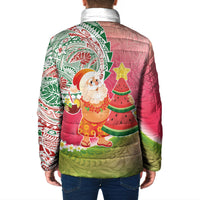 Hawaiian Watermelon Mele Kalikimaka Padded Jacket Tropical Tribal Pattern with Funny Santa Claus