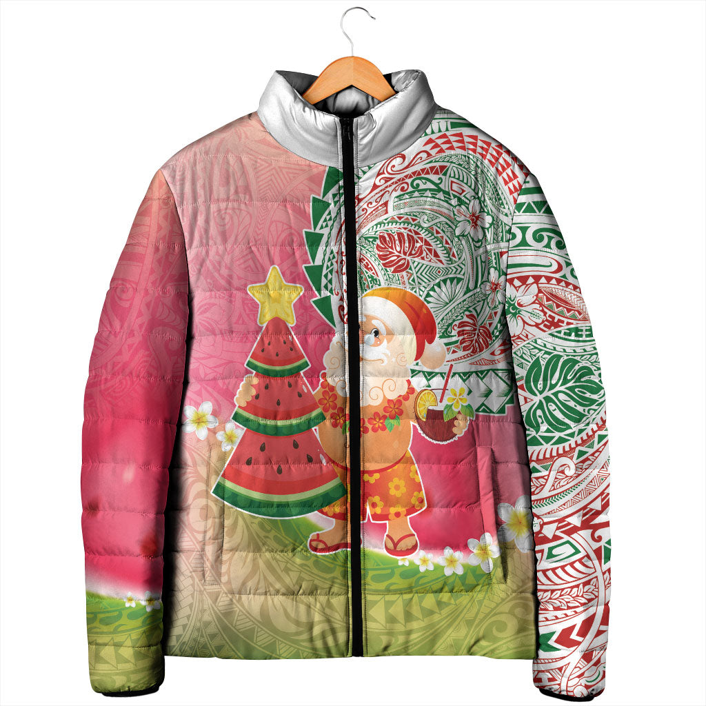 Hawaiian Watermelon Mele Kalikimaka Padded Jacket Tropical Tribal Pattern with Funny Santa Claus