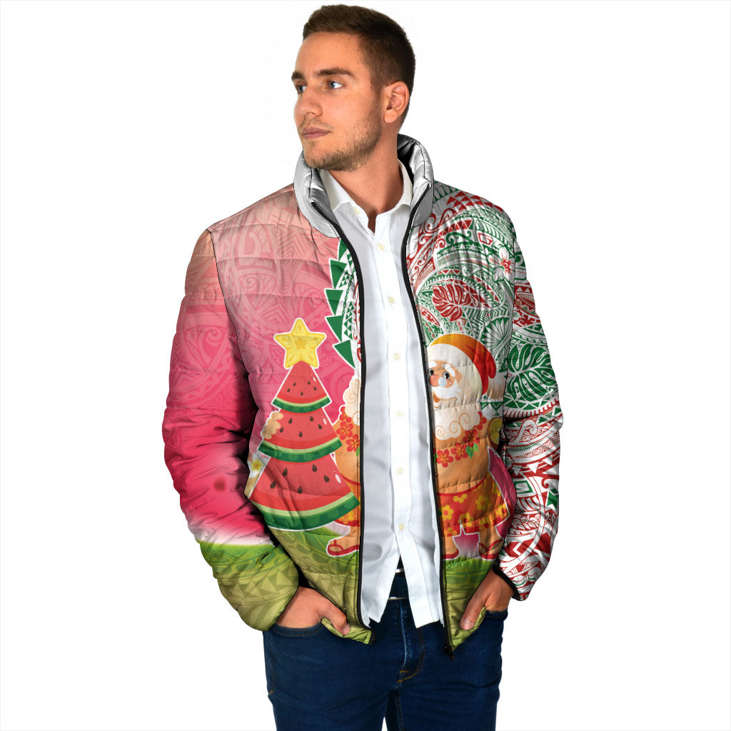 Hawaiian Watermelon Mele Kalikimaka Padded Jacket Tropical Tribal Pattern with Funny Santa Claus