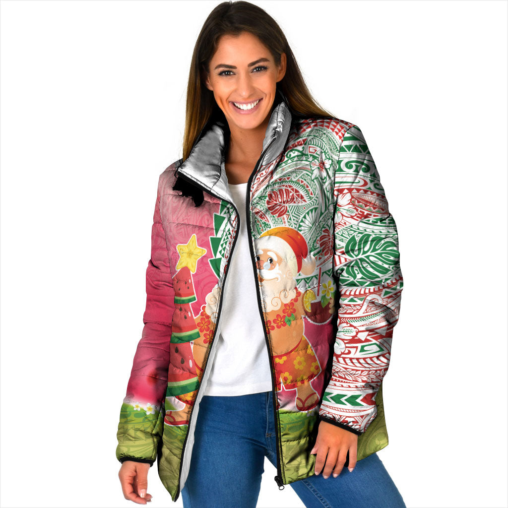 Hawaiian Watermelon Mele Kalikimaka Padded Jacket Tropical Tribal Pattern with Funny Santa Claus