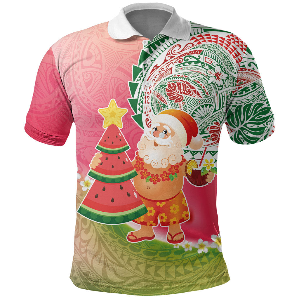 Hawaiian Watermelon Mele Kalikimaka Polo Shirt Tropical Tribal Pattern with Funny Santa Claus