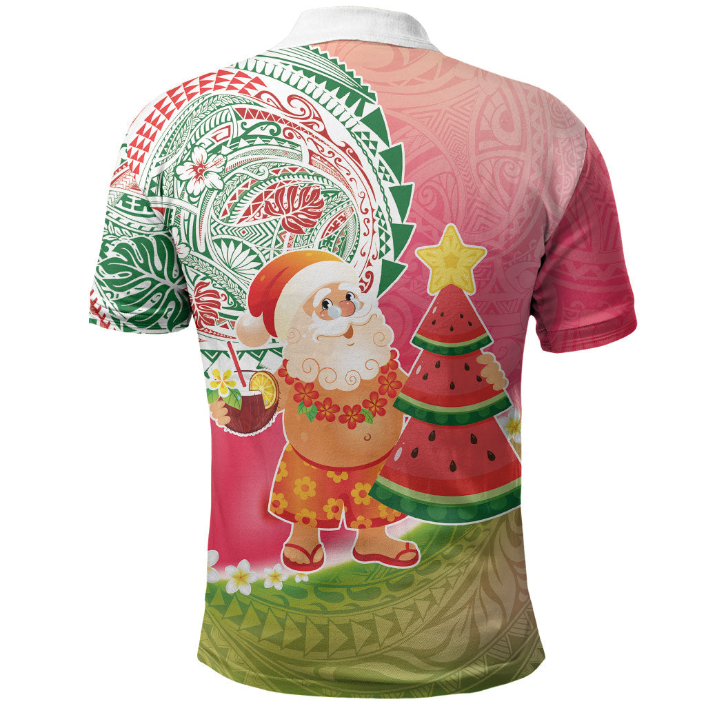 Hawaiian Watermelon Mele Kalikimaka Polo Shirt Tropical Tribal Pattern with Funny Santa Claus