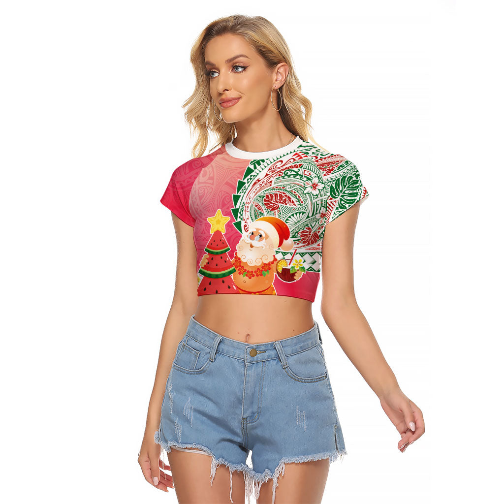 Hawaiian Watermelon Mele Kalikimaka Raglan Cropped T Shirt Tropical Tribal Pattern with Funny Santa Claus