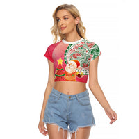Hawaiian Watermelon Mele Kalikimaka Raglan Cropped T Shirt Tropical Tribal Pattern with Funny Santa Claus