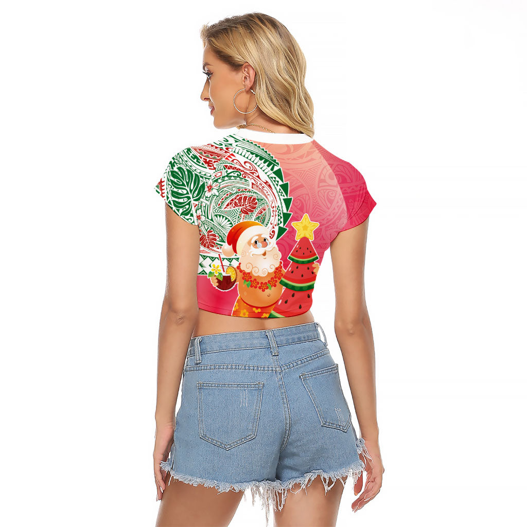 Hawaiian Watermelon Mele Kalikimaka Raglan Cropped T Shirt Tropical Tribal Pattern with Funny Santa Claus