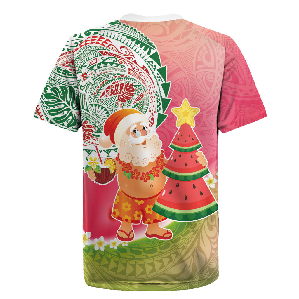 Hawaiian Watermelon Mele Kalikimaka Rugby Jersey Tropical Tribal Pattern with Funny Santa Claus