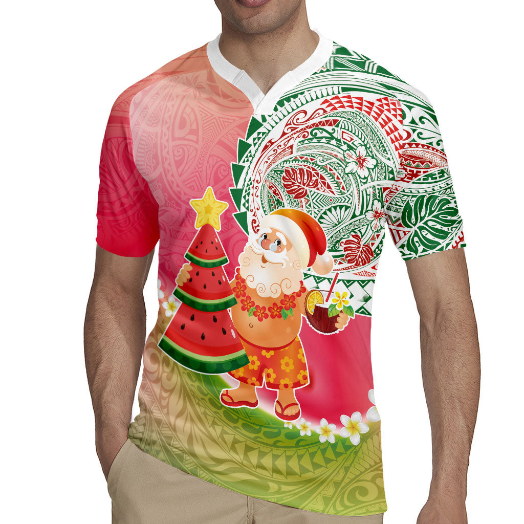 Hawaiian Watermelon Mele Kalikimaka Rugby Jersey Tropical Tribal Pattern with Funny Santa Claus