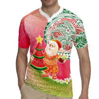 Hawaiian Watermelon Mele Kalikimaka Rugby Jersey Tropical Tribal Pattern with Funny Santa Claus