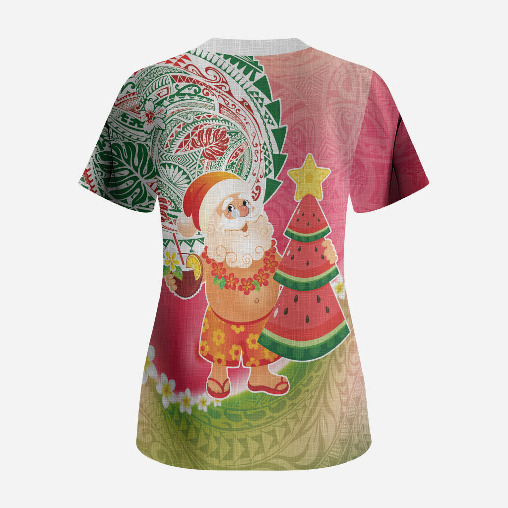 Hawaiian Watermelon Mele Kalikimaka Scrub Top Tropical Tribal Pattern with Funny Santa Claus