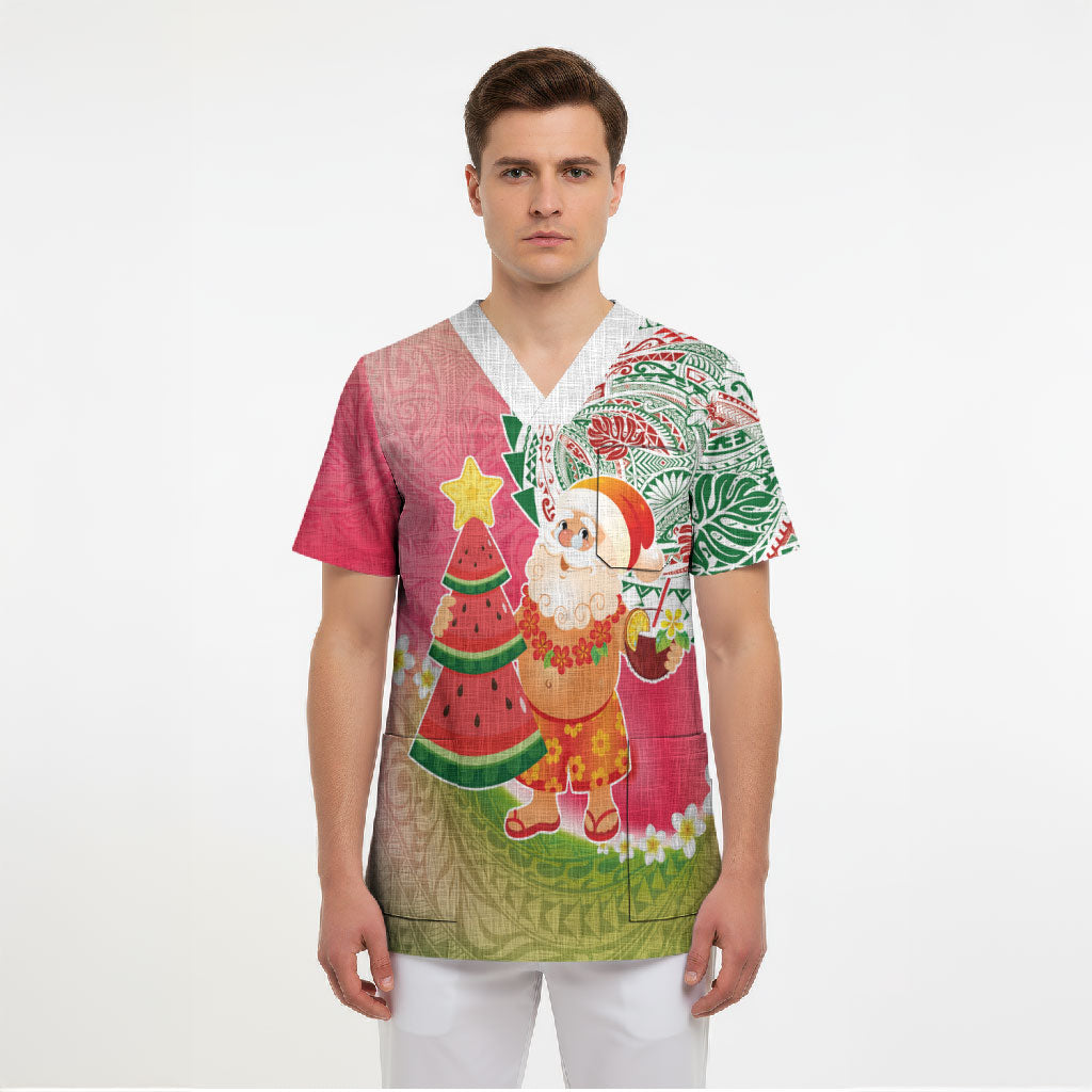 Hawaiian Watermelon Mele Kalikimaka Scrub Top Tropical Tribal Pattern with Funny Santa Claus