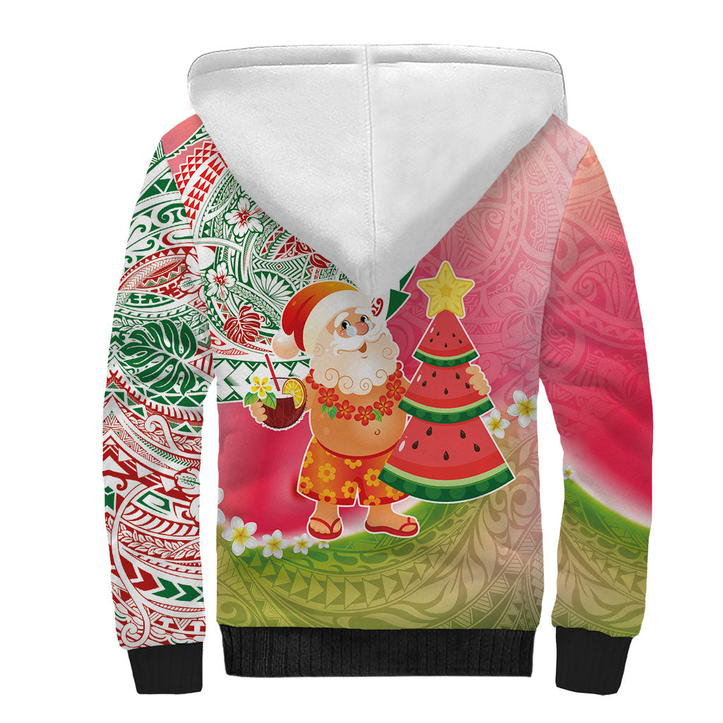Hawaiian Watermelon Mele Kalikimaka Sherpa Hoodie Tropical Tribal Pattern with Funny Santa Claus