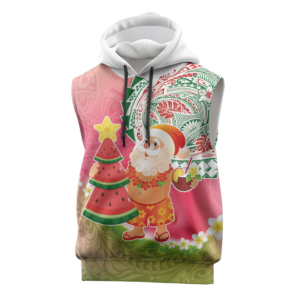 Hawaiian Watermelon Mele Kalikimaka Sleeveless Hoodie Tropical Tribal Pattern with Funny Santa Claus