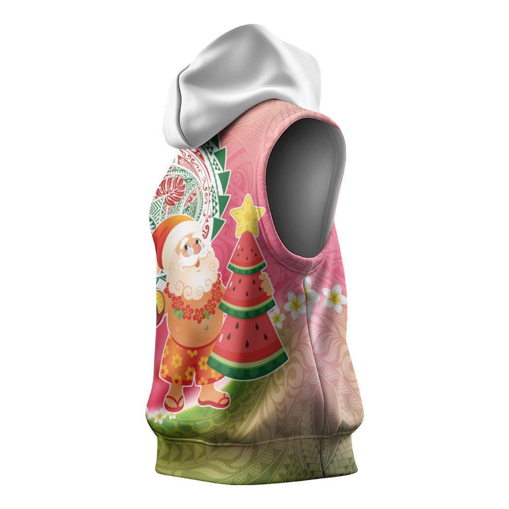 Hawaiian Watermelon Mele Kalikimaka Sleeveless Hoodie Tropical Tribal Pattern with Funny Santa Claus