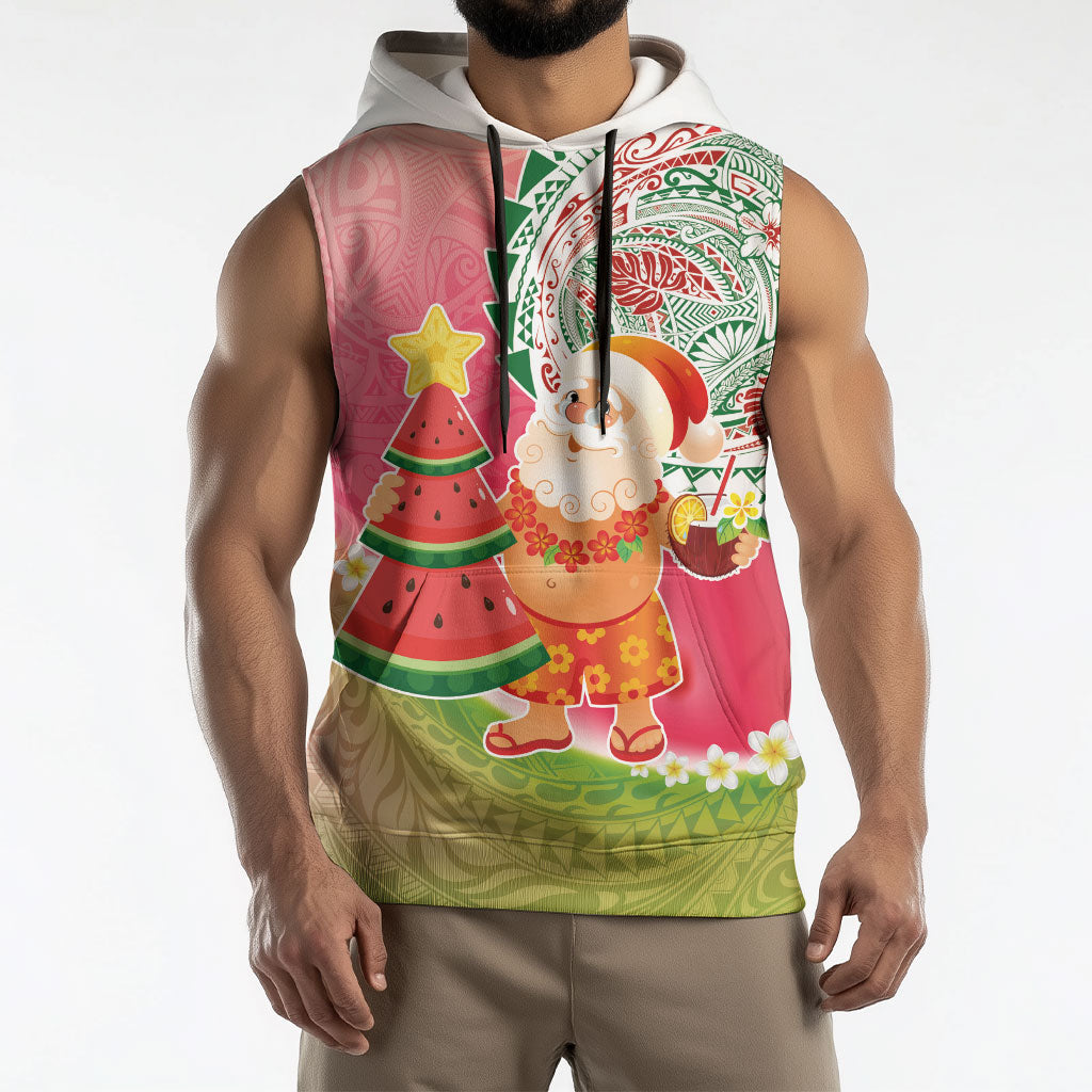 Hawaiian Watermelon Mele Kalikimaka Sleeveless Hoodie Tropical Tribal Pattern with Funny Santa Claus