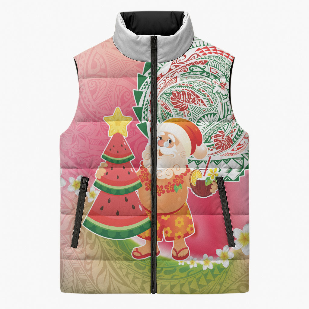 Hawaiian Watermelon Mele Kalikimaka Sleeveless Puffer Jacket Tropical Tribal Pattern with Funny Santa Claus