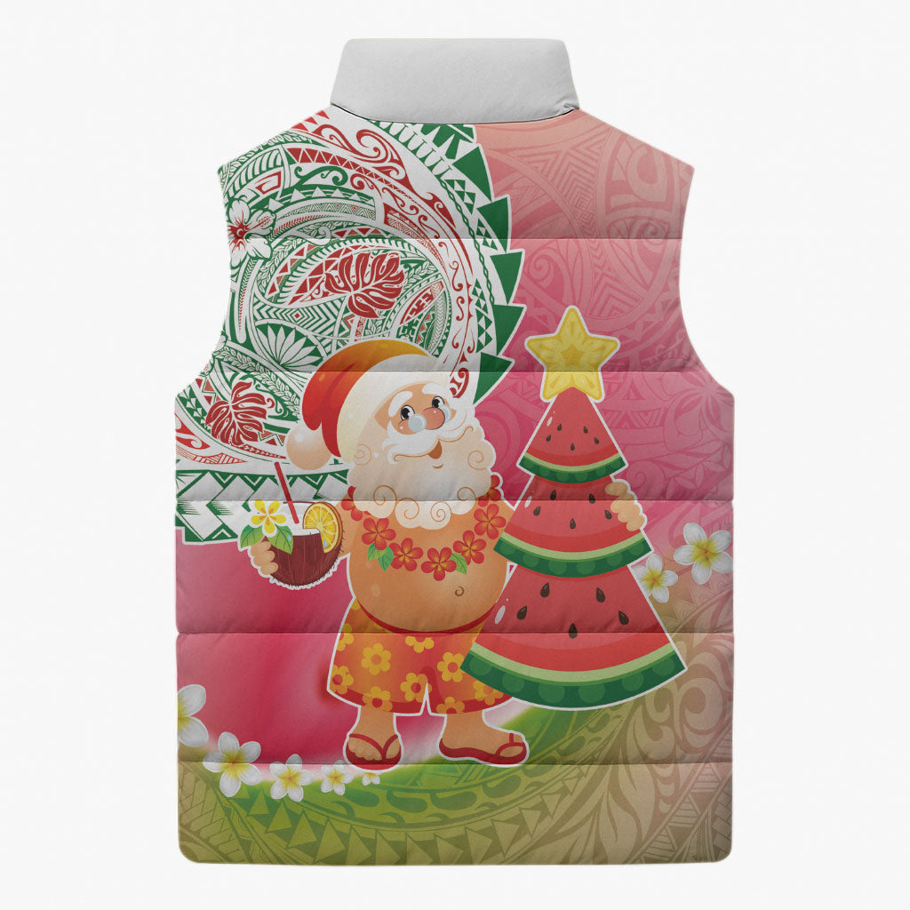 Hawaiian Watermelon Mele Kalikimaka Sleeveless Puffer Jacket Tropical Tribal Pattern with Funny Santa Claus