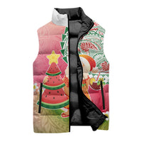 Hawaiian Watermelon Mele Kalikimaka Sleeveless Puffer Jacket Tropical Tribal Pattern with Funny Santa Claus