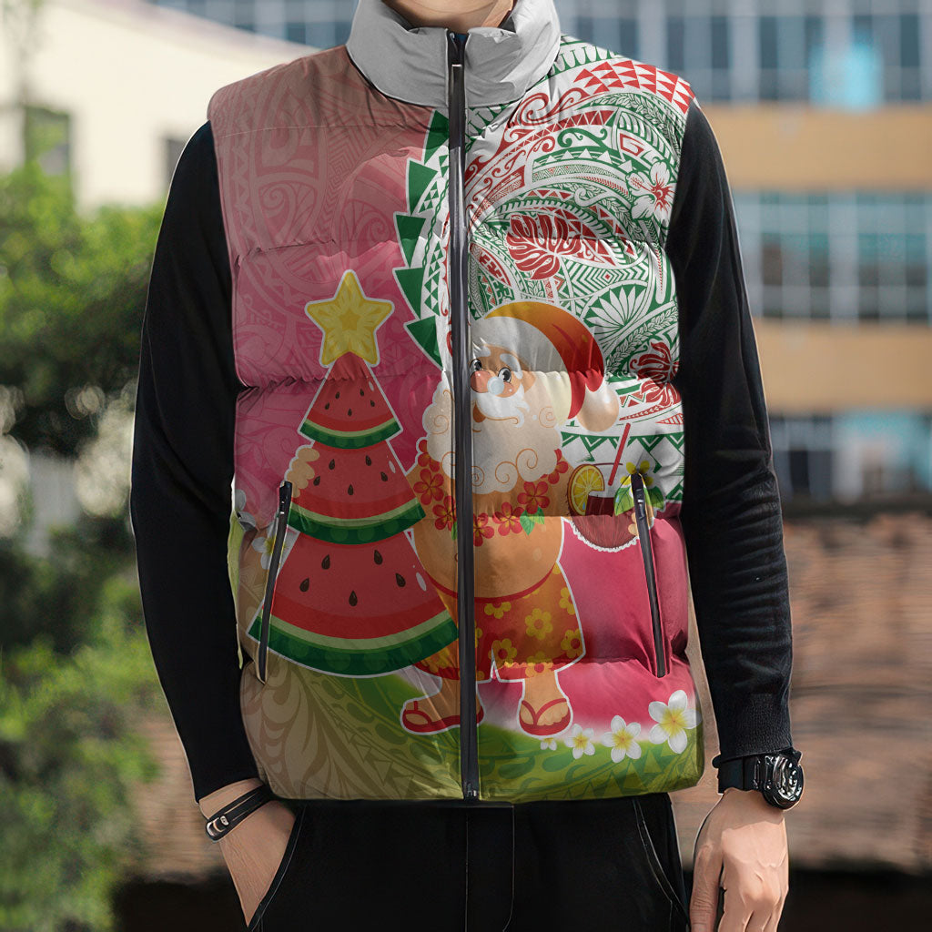 Hawaiian Watermelon Mele Kalikimaka Sleeveless Puffer Jacket Tropical Tribal Pattern with Funny Santa Claus