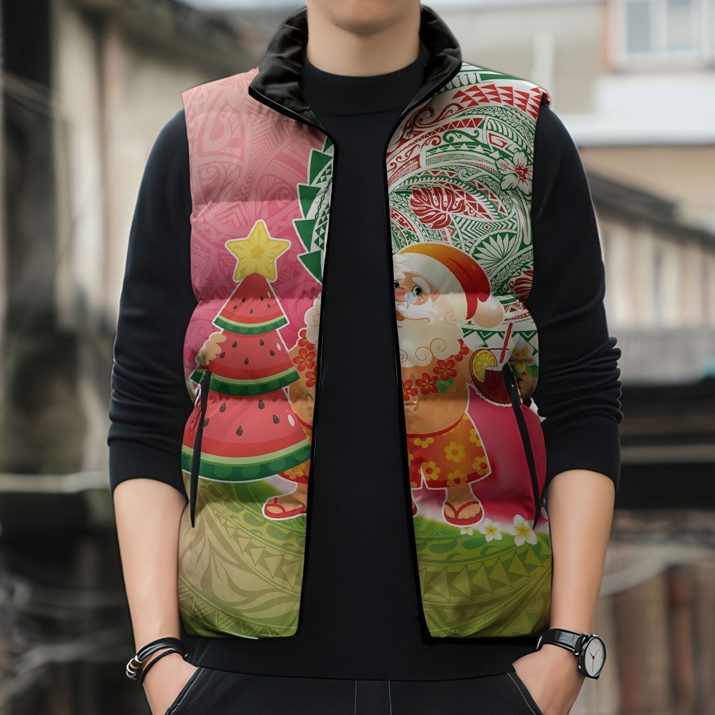 Hawaiian Watermelon Mele Kalikimaka Sleeveless Puffer Jacket Tropical Tribal Pattern with Funny Santa Claus