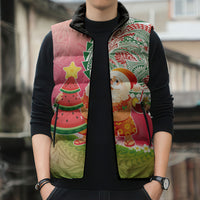Hawaiian Watermelon Mele Kalikimaka Sleeveless Puffer Jacket Tropical Tribal Pattern with Funny Santa Claus