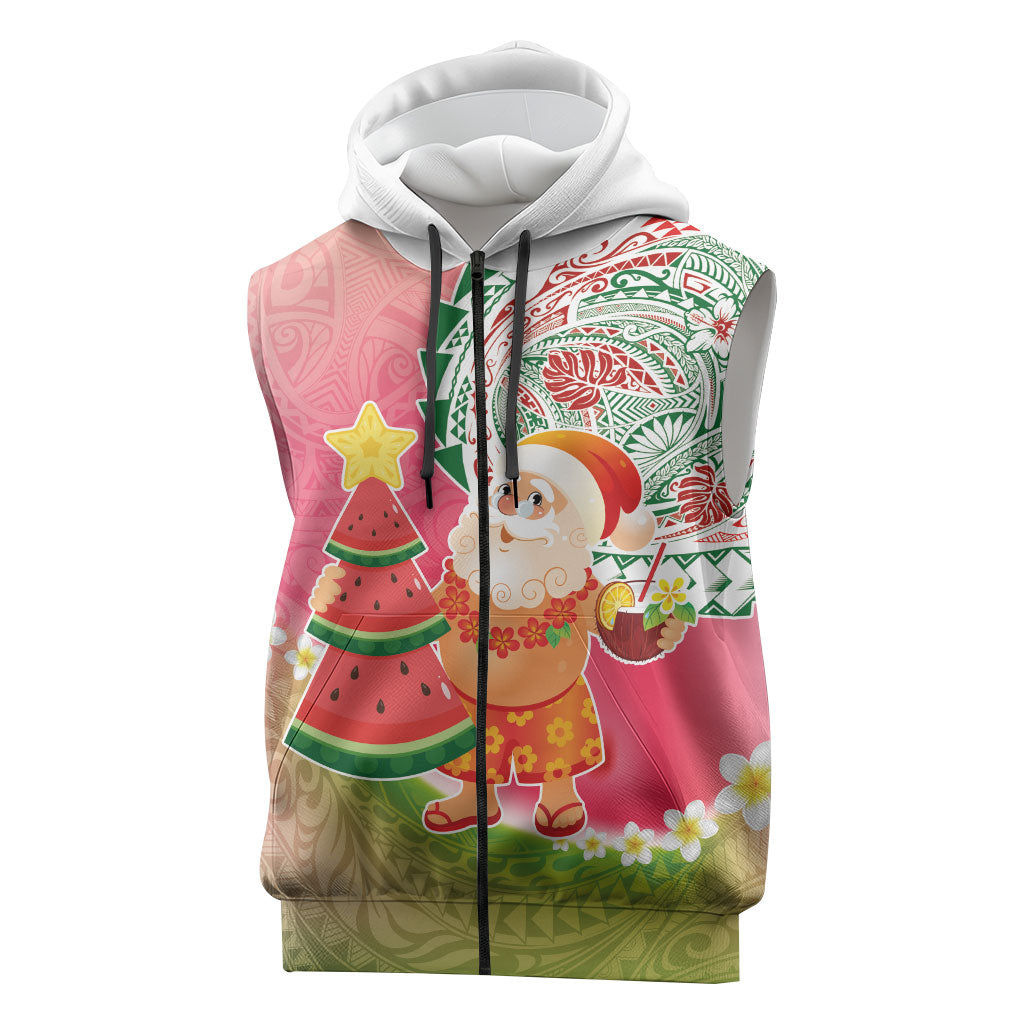 Hawaiian Watermelon Mele Kalikimaka Sleeveless Zip Hoodie Tropical Tribal Pattern with Funny Santa Claus