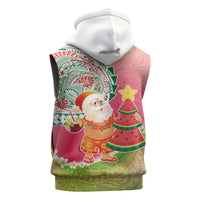 Hawaiian Watermelon Mele Kalikimaka Sleeveless Zip Hoodie Tropical Tribal Pattern with Funny Santa Claus