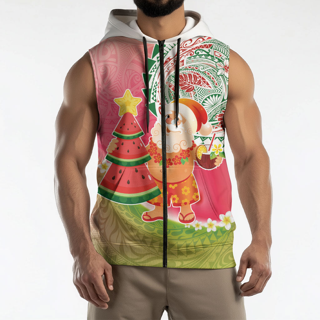 Hawaiian Watermelon Mele Kalikimaka Sleeveless Zip Hoodie Tropical Tribal Pattern with Funny Santa Claus