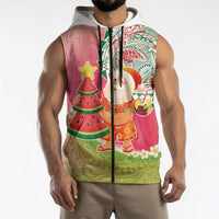Hawaiian Watermelon Mele Kalikimaka Sleeveless Zip Hoodie Tropical Tribal Pattern with Funny Santa Claus