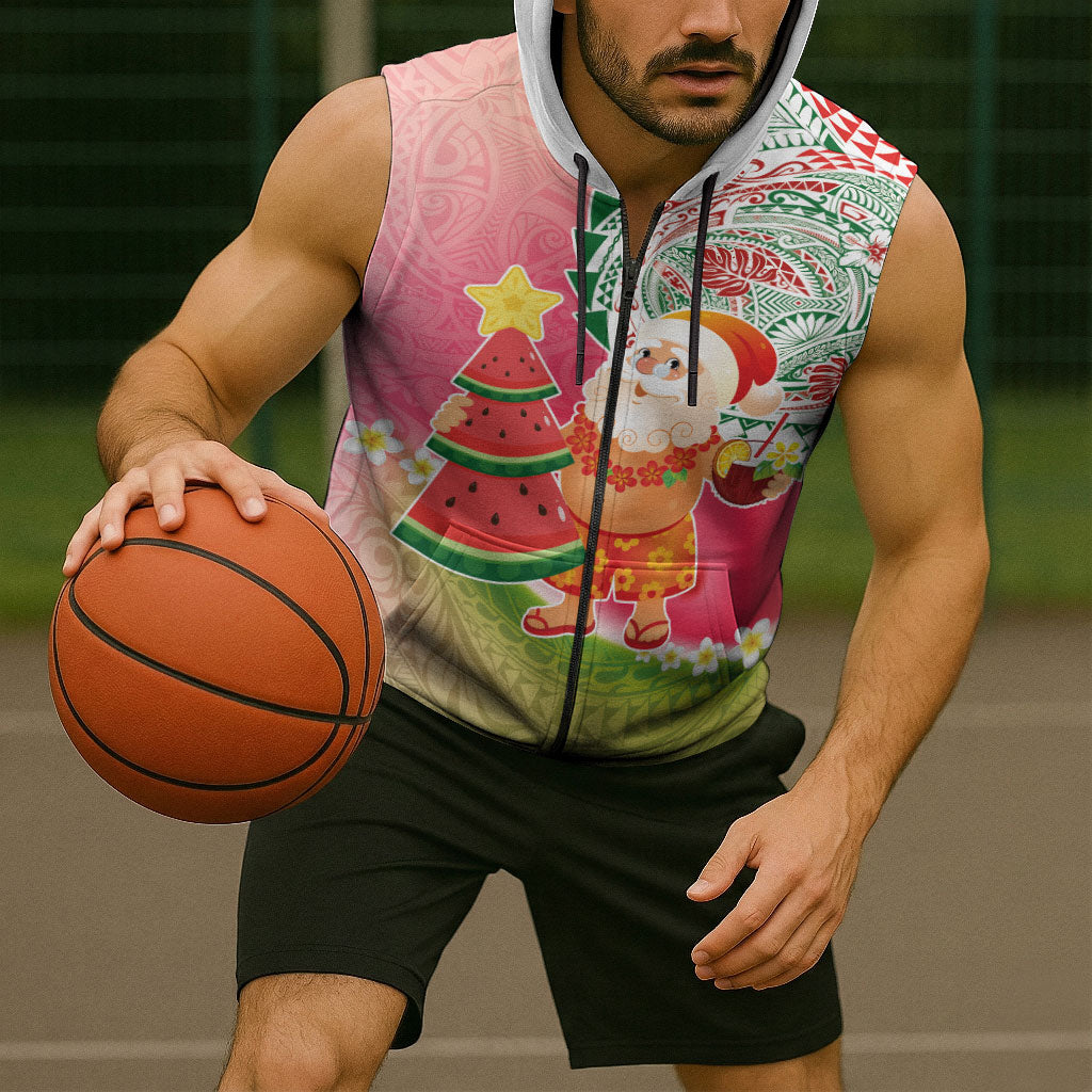 Hawaiian Watermelon Mele Kalikimaka Sleeveless Zip Hoodie Tropical Tribal Pattern with Funny Santa Claus