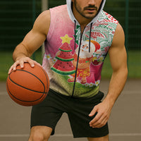 Hawaiian Watermelon Mele Kalikimaka Sleeveless Zip Hoodie Tropical Tribal Pattern with Funny Santa Claus