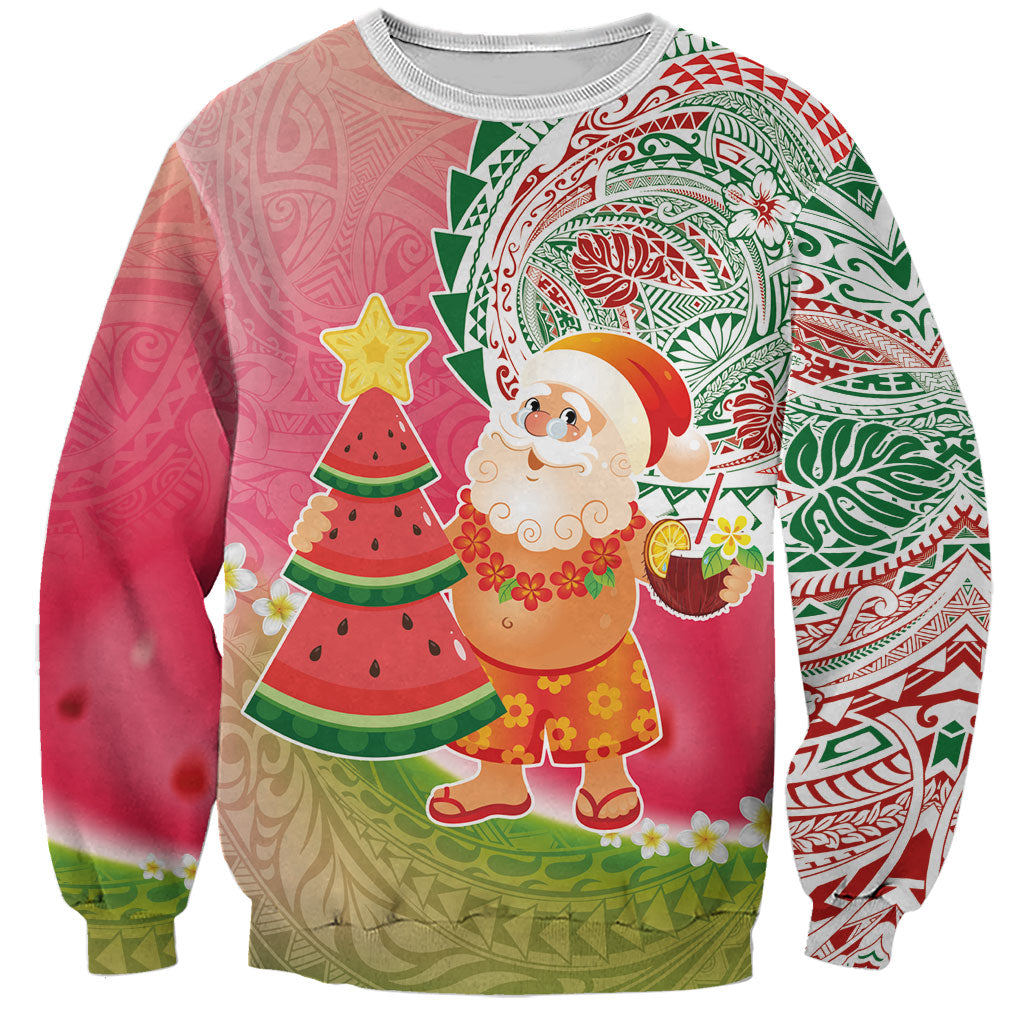 Hawaiian Watermelon Mele Kalikimaka Sweatshirt Tropical Tribal Pattern with Funny Santa Claus