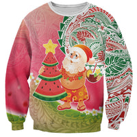 Hawaiian Watermelon Mele Kalikimaka Sweatshirt Tropical Tribal Pattern with Funny Santa Claus