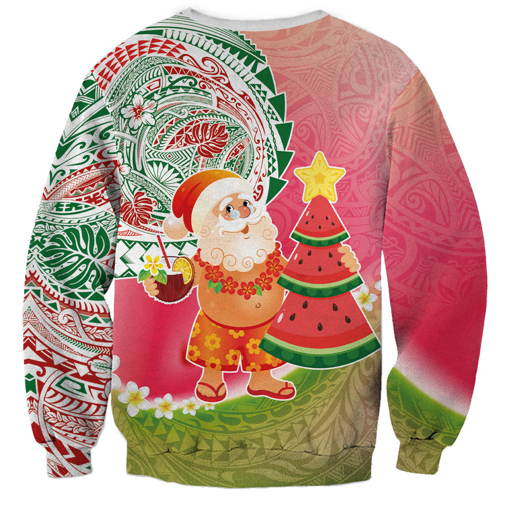 Hawaiian Watermelon Mele Kalikimaka Sweatshirt Tropical Tribal Pattern with Funny Santa Claus