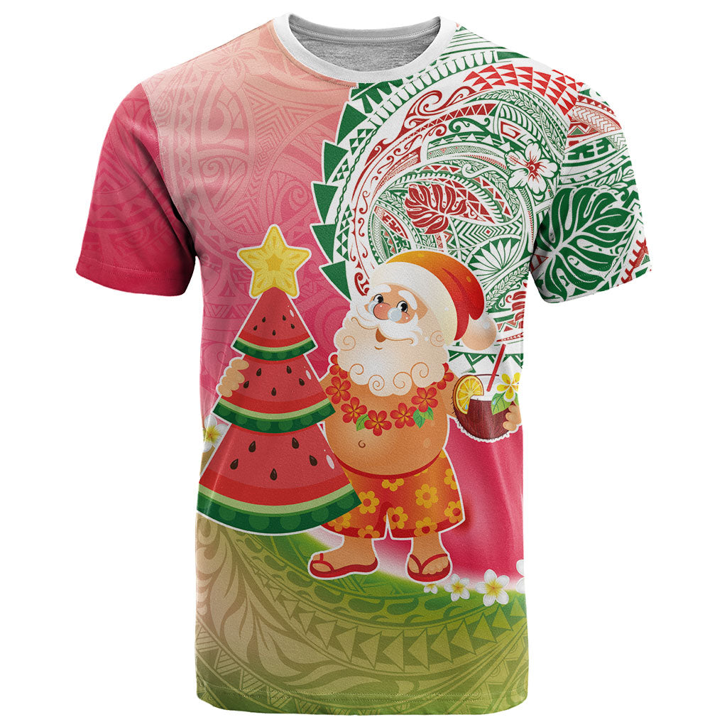 Hawaiian Watermelon Mele Kalikimaka T Shirt Tropical Tribal Pattern with Funny Santa Claus