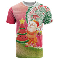 Hawaiian Watermelon Mele Kalikimaka T Shirt Tropical Tribal Pattern with Funny Santa Claus