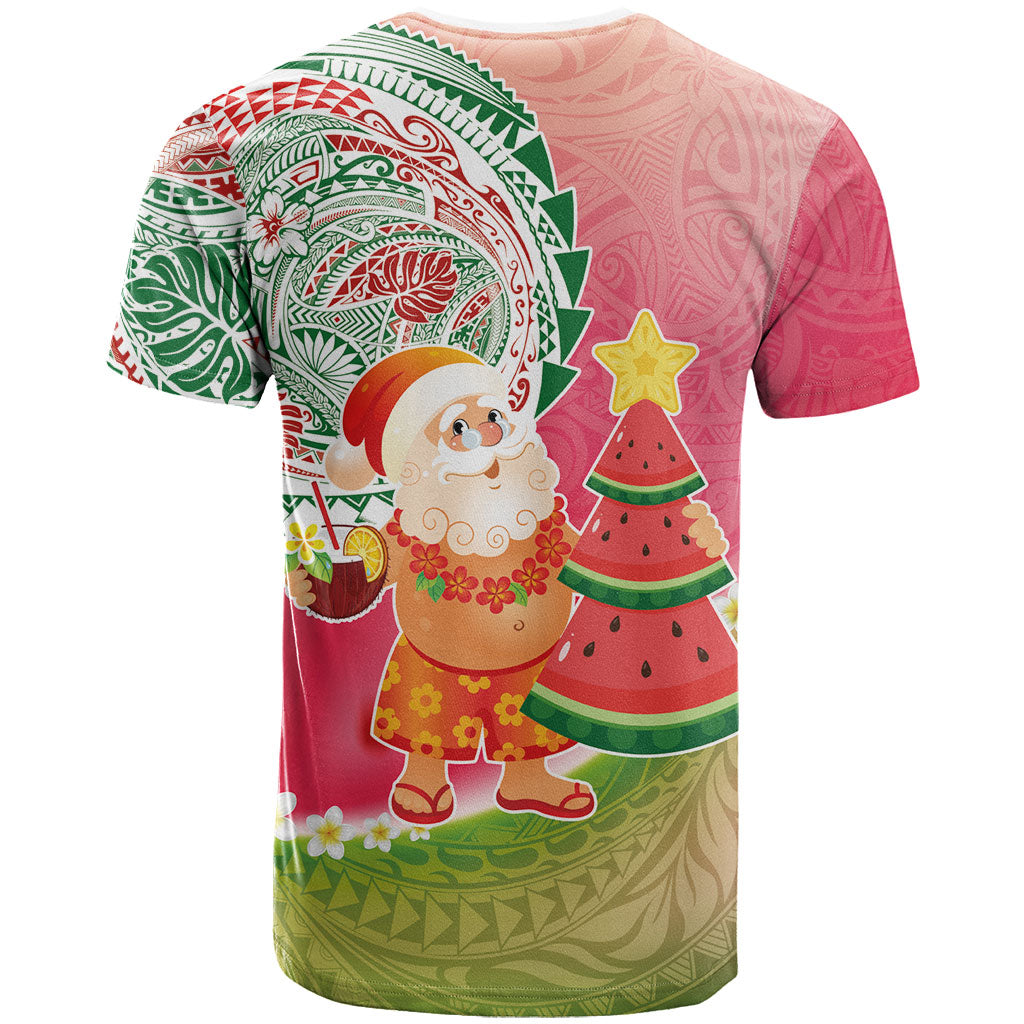 Hawaiian Watermelon Mele Kalikimaka T Shirt Tropical Tribal Pattern with Funny Santa Claus