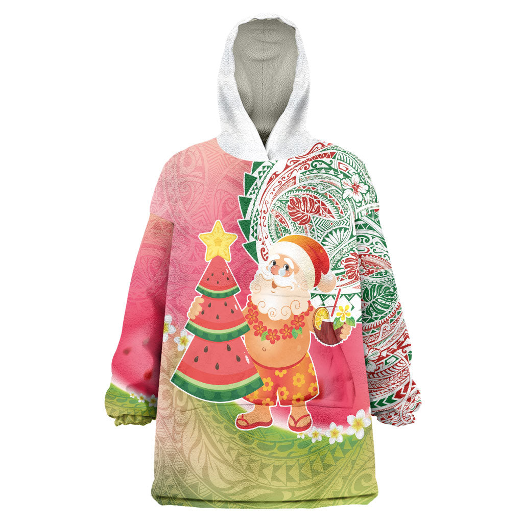 Hawaiian Watermelon Mele Kalikimaka Wearable Blanket Hoodie Tropical Tribal Pattern with Funny Santa Claus