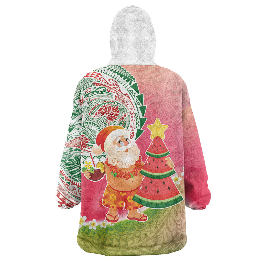 Hawaiian Watermelon Mele Kalikimaka Wearable Blanket Hoodie Tropical Tribal Pattern with Funny Santa Claus