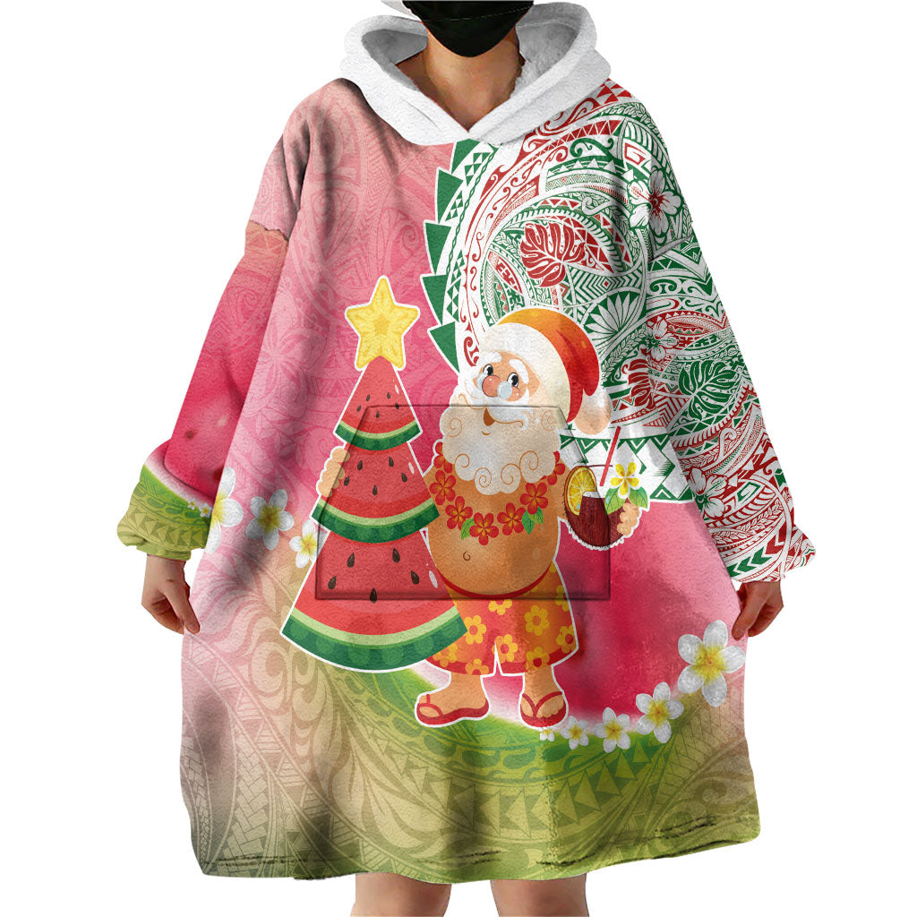Hawaiian Watermelon Mele Kalikimaka Wearable Blanket Hoodie Tropical Tribal Pattern with Funny Santa Claus
